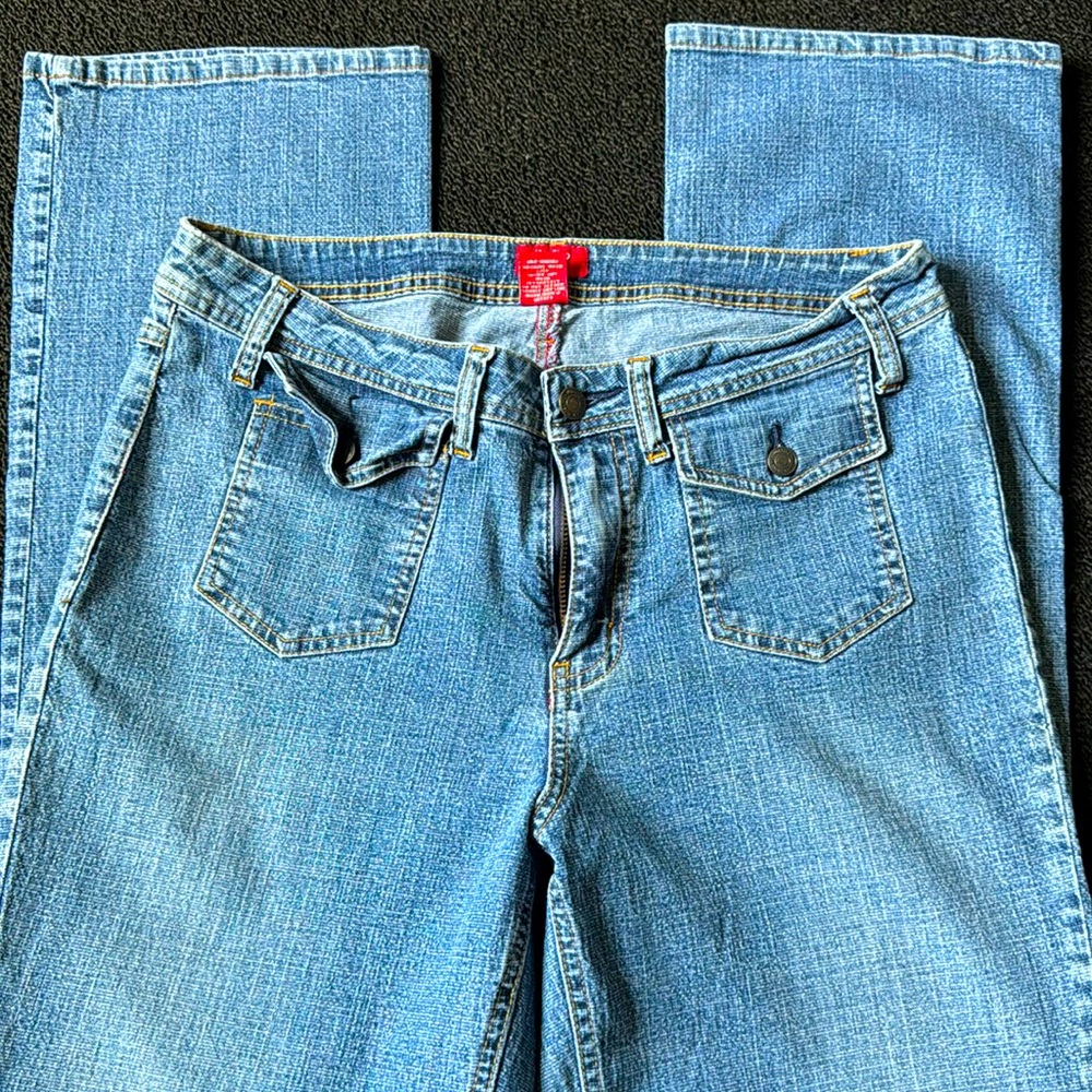 Straight leg front pocket flap jeans